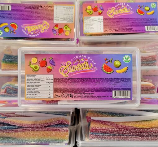 Corner Shop Sweets - Sour Tropical Flavour Rainbow Belts - 200g Tubs