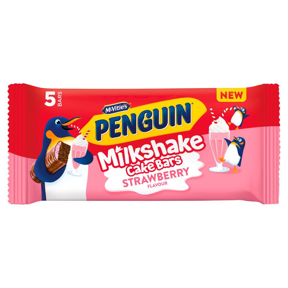 (2 FOR £1.00) Penguin - Milkshake Cake Bars - Strawberry - 5 Bars - BBE 07/2026