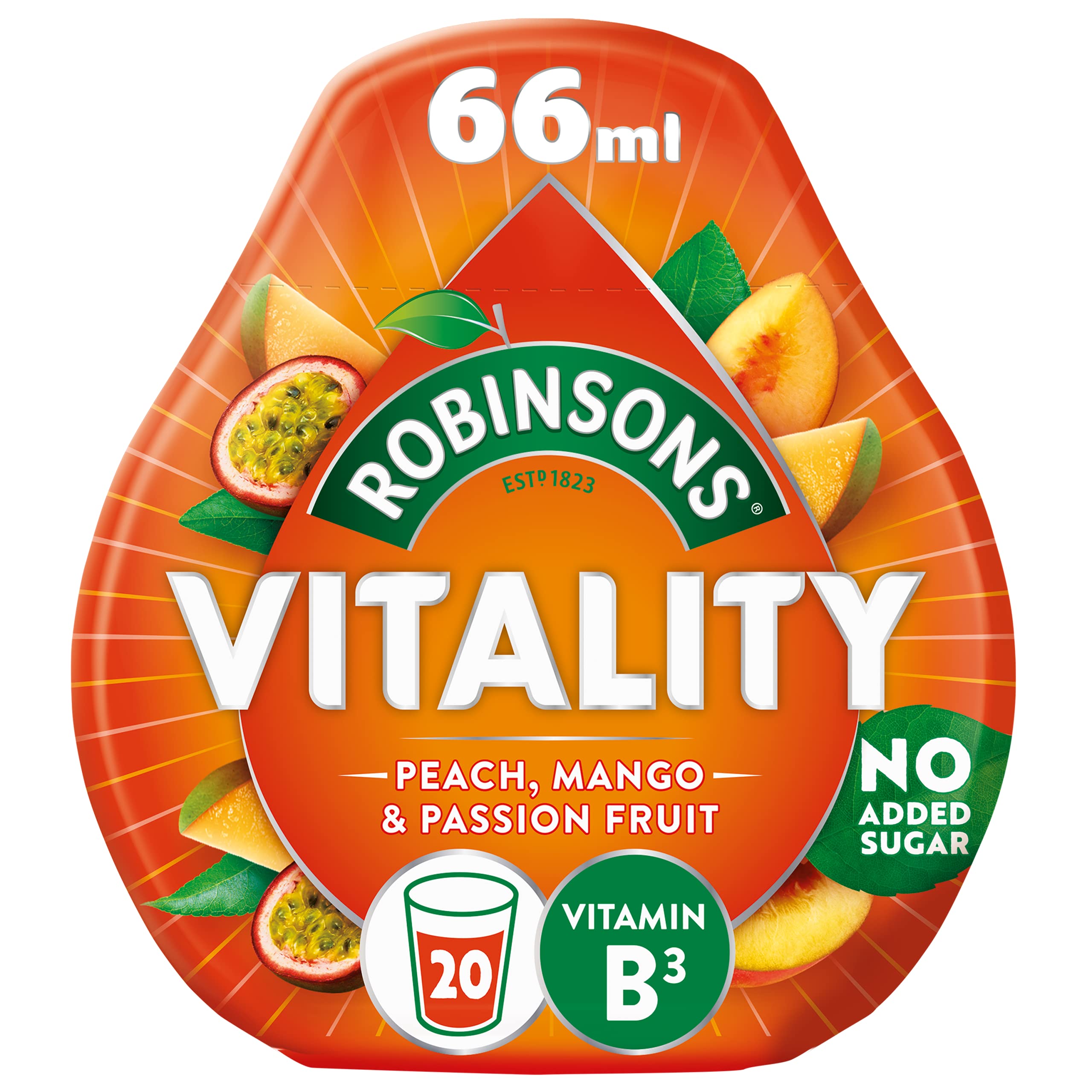 Robinson's - Vitality no added sugar - Peach, mango and passion fruit - 66ml - BBE 04/2026